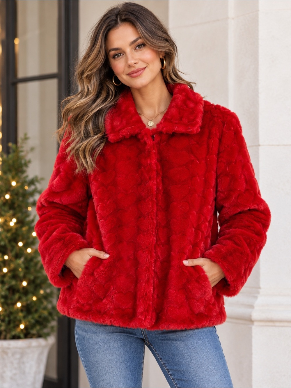 Luxurious Red Faux Fur Heart Embossed Jacket